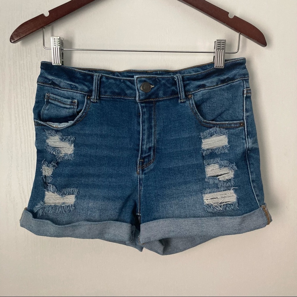 Wax Jean Women's Juniors Classic Distressed High Rise Denim Shorts L